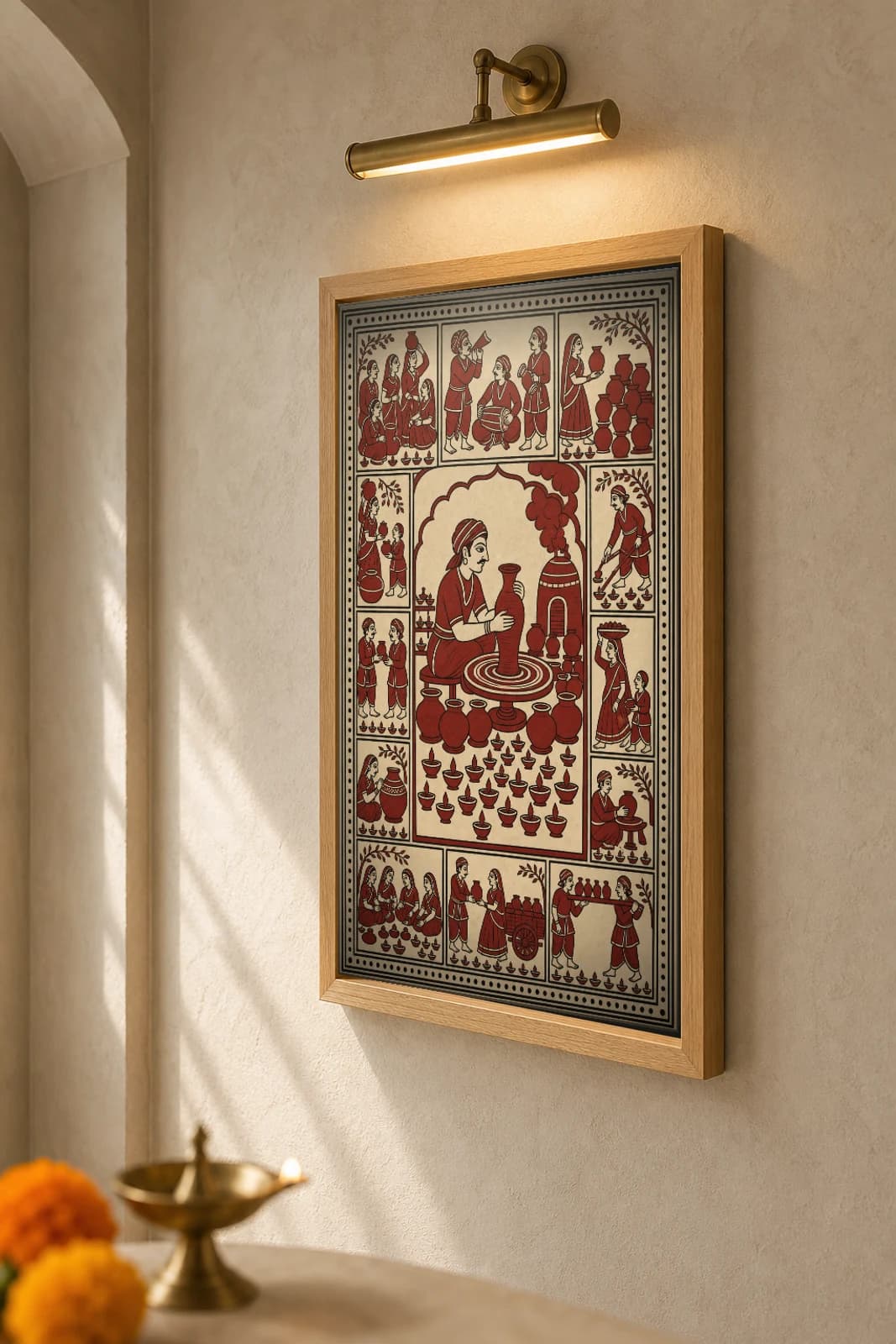 The Potter — Mata ni Pachedi shrine cloth · a village potter at his wheel beneath an arch with his kiln, rows of fresh pots and diyas below, in madder red on cream cotton — the framed print shown at a three-quarter angle on a styled gallery wall in a natural-oak frame