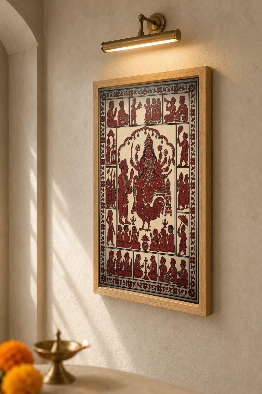 The Priest's Blessing — Mata ni Pachedi shrine cloth · the bhuvo blesses a kneeling devotee before the Mother Goddess on her cockerel, ringed by narrative panels in madder red on cream cotton — the framed print shown at a three-quarter angle on a styled gallery wall in a natural-oak frame