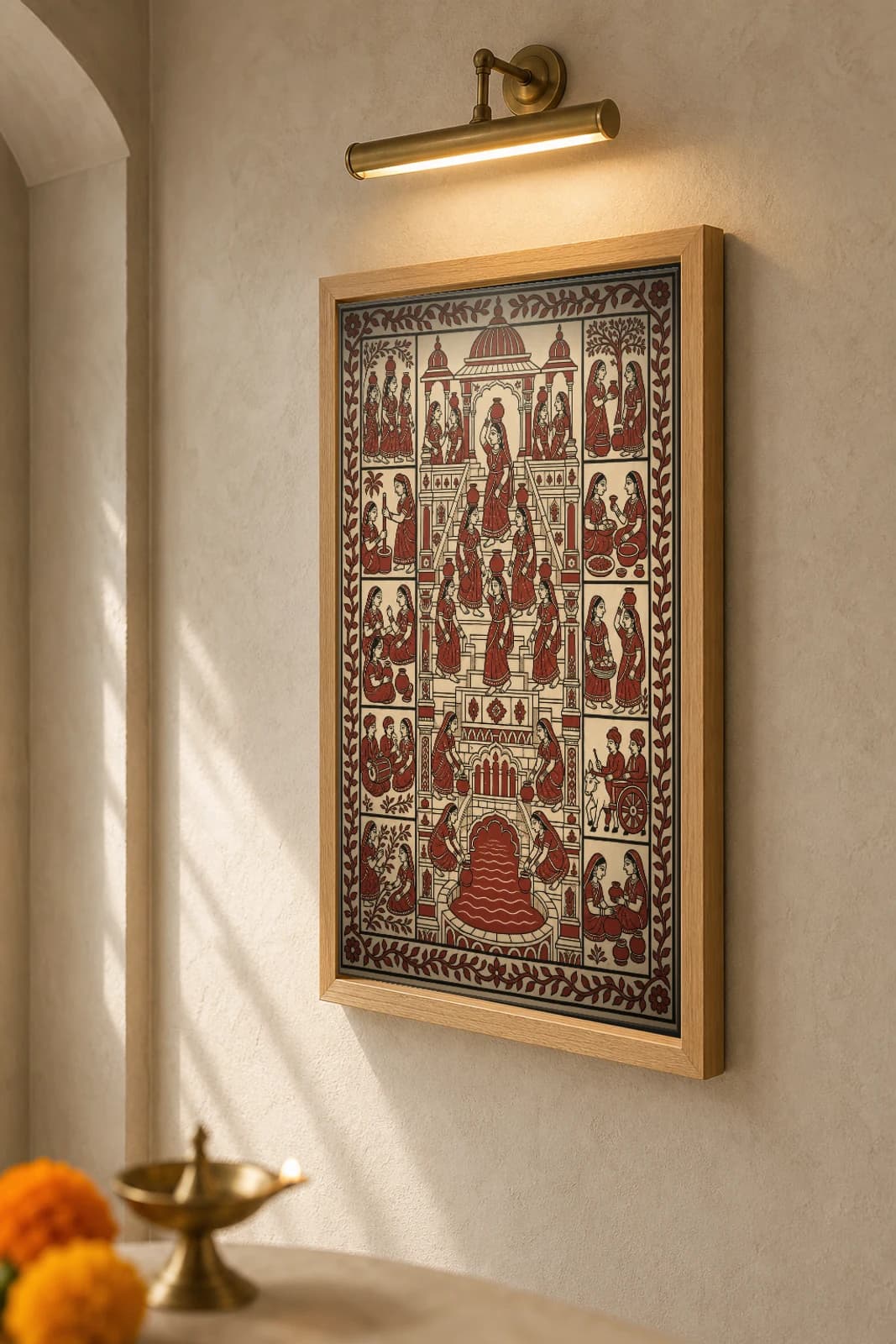 The Stepwell — Mata ni Pachedi shrine cloth · women descending the tiered steps of a Gujarati vav to the water below, pots balanced, in madder red on cream cotton — the framed print shown at a three-quarter angle on a styled gallery wall in a natural-oak frame