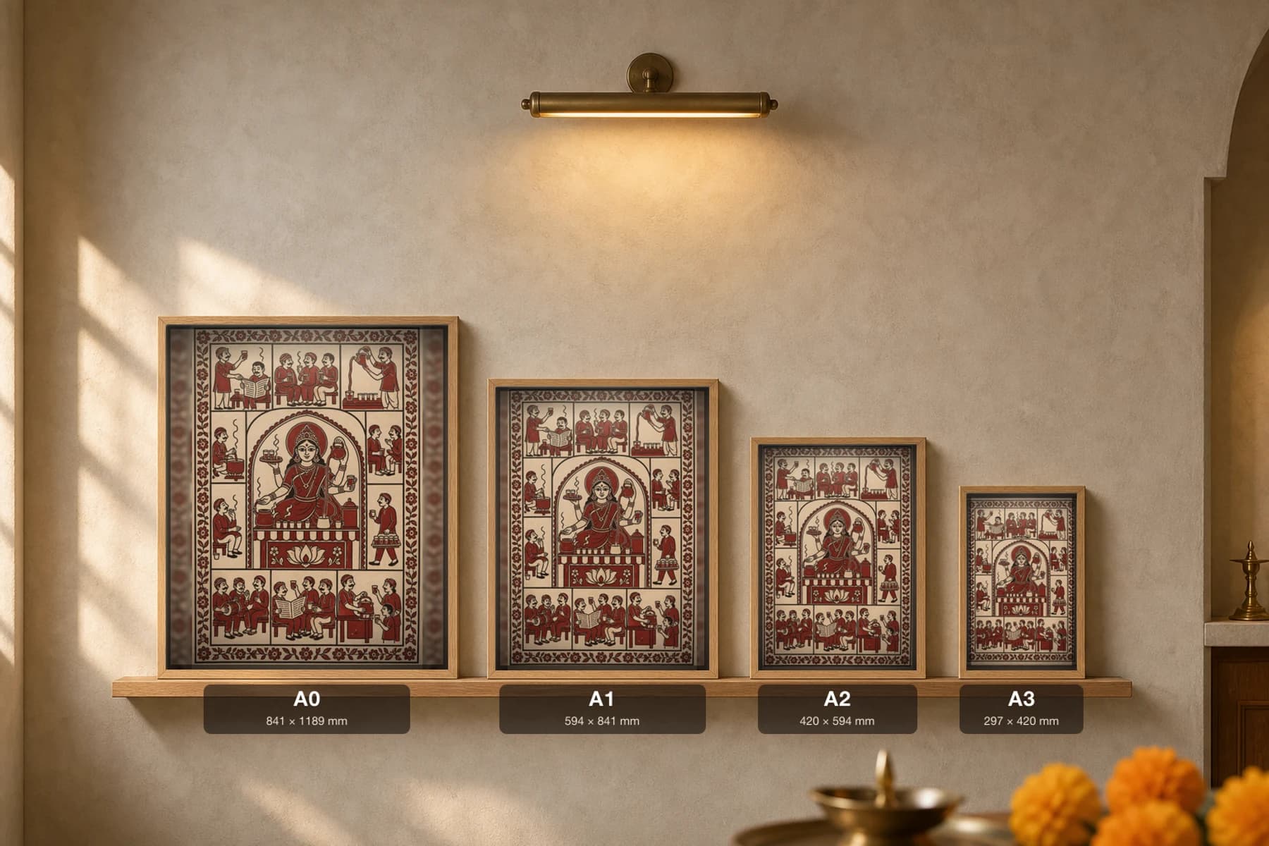 The Chai Tapri — Mata ni Pachedi shrine cloth · a many-armed goddess of the tea stall pouring chai over rows of glasses and kettles, regulars on the benches, in madder red on cream cotton — print size guide showing the artwork at A0, A1, A2 and A3 in natural-oak frames at true relative scale