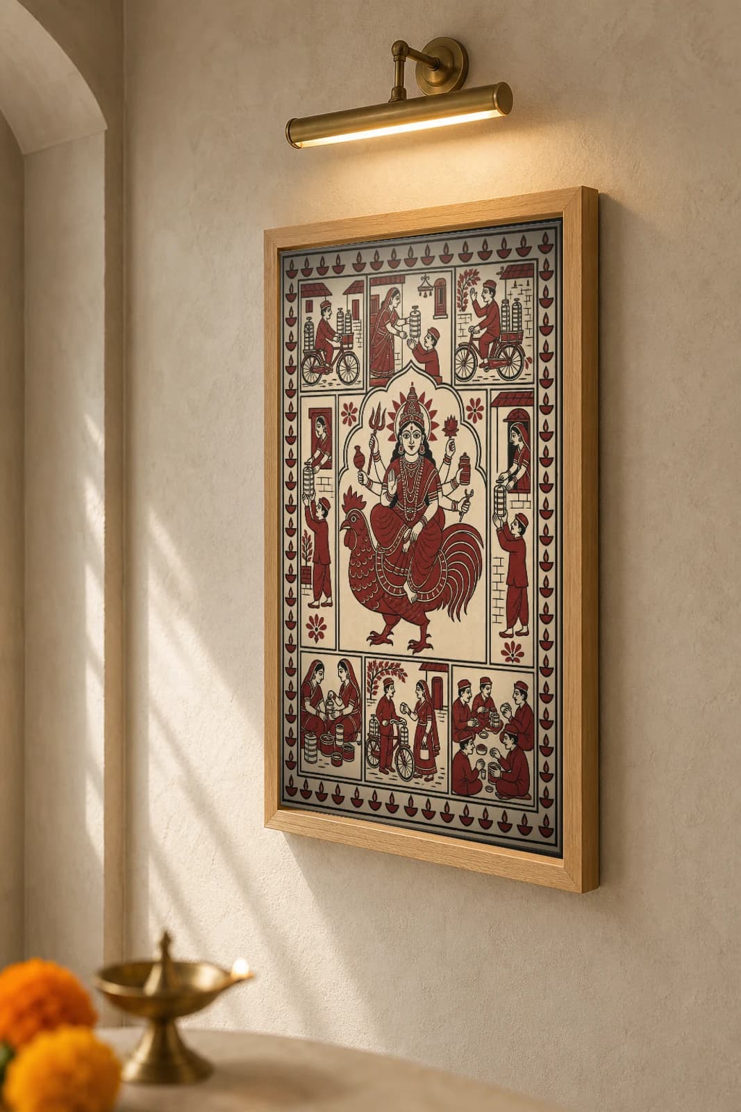 The Tiffin Morning — Mata ni Pachedi shrine cloth · the Mother Goddess holding tiffin stacks above the dabba-carriers on their cycles, in madder red on cream cotton — the framed print shown at a three-quarter angle on a styled gallery wall in a natural-oak frame