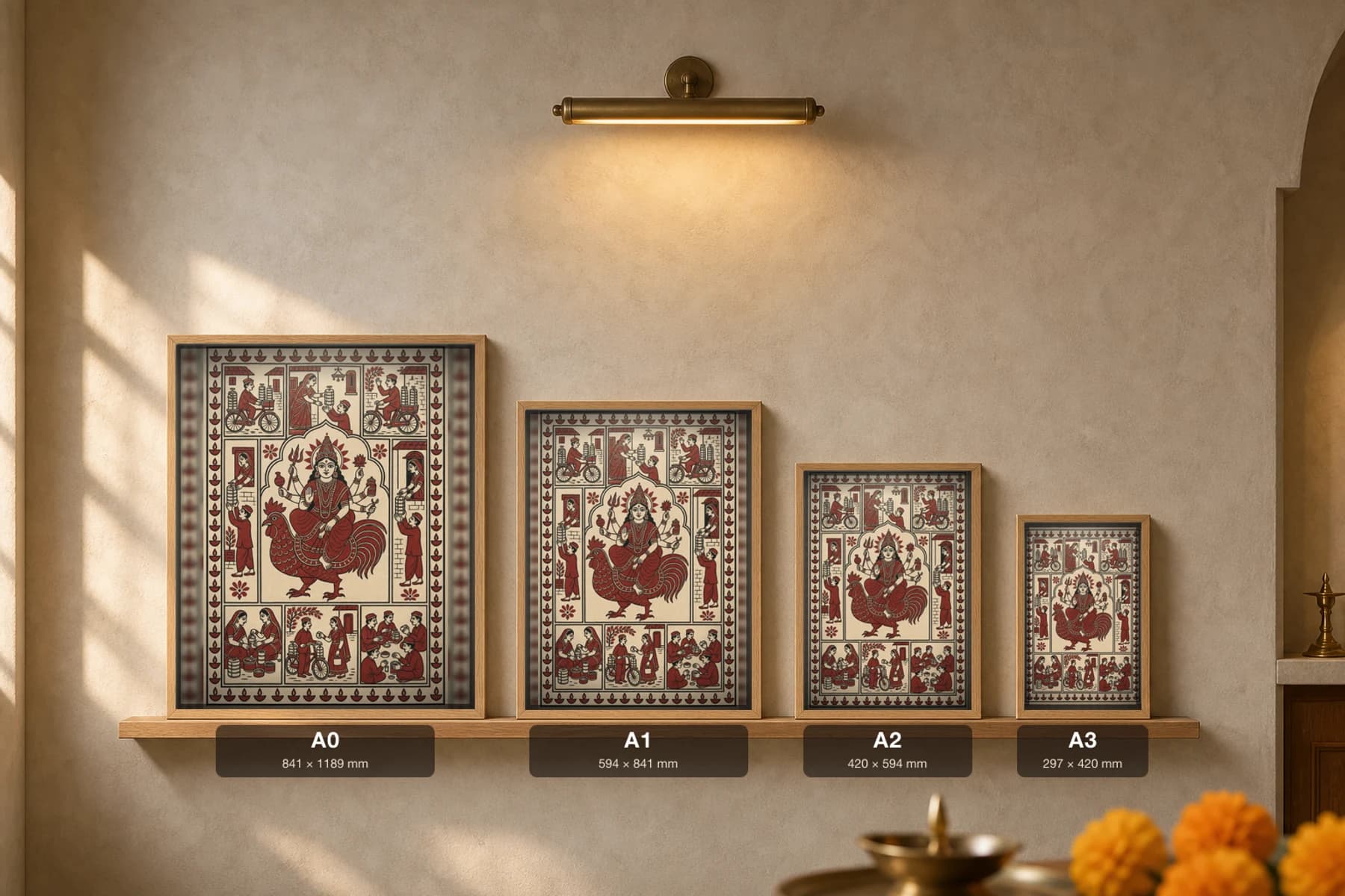 The Tiffin Morning — Mata ni Pachedi shrine cloth · the Mother Goddess holding tiffin stacks above the dabba-carriers on their cycles, in madder red on cream cotton — print size guide showing the artwork at A0, A1, A2 and A3 in natural-oak frames at true relative scale