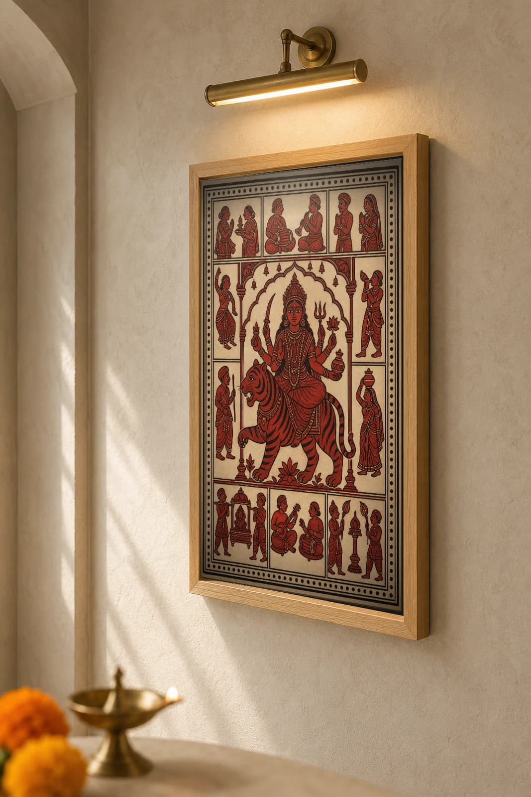The Tiger Vahana — Mata ni Pachedi shrine cloth · six-armed Mother Goddess in an arched niche astride her striped tiger, ringed by devotee panels in madder red on cream cotton — the framed print shown at a three-quarter angle on a styled gallery wall in a natural-oak frame