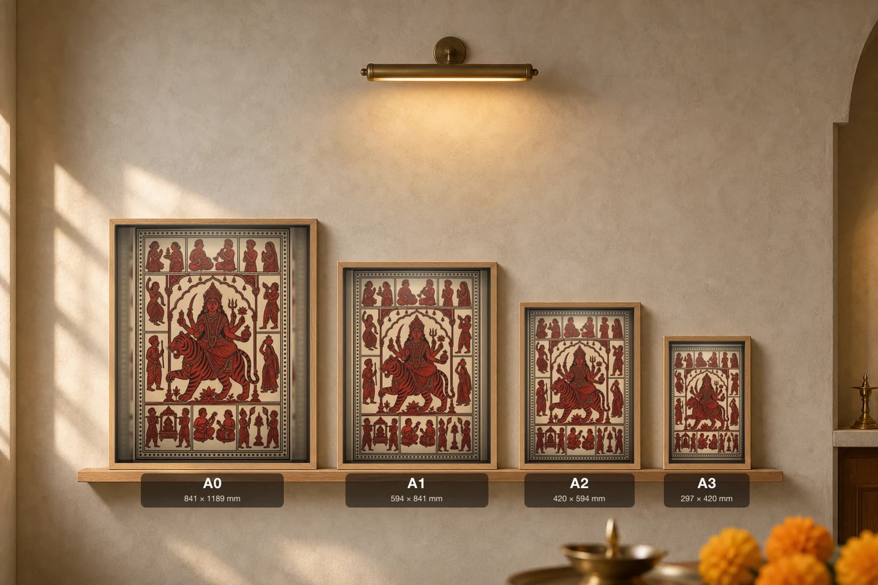The Tiger Vahana — Mata ni Pachedi shrine cloth · six-armed Mother Goddess in an arched niche astride her striped tiger, ringed by devotee panels in madder red on cream cotton — print size guide showing the artwork at A0, A1, A2 and A3 in natural-oak frames at true relative scale