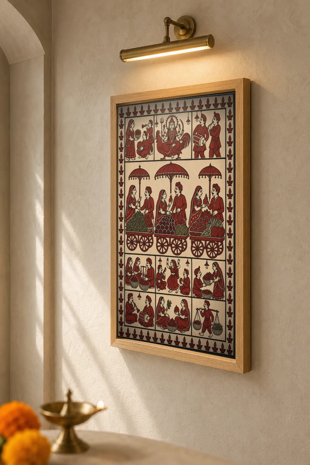 The Sabzi Market — Mata ni Pachedi shrine cloth · the Mother Goddess on her cockerel above the vegetable carts and their vendors under parasols, in madder red on cream cotton — the framed print shown at a three-quarter angle on a styled gallery wall in a natural-oak frame