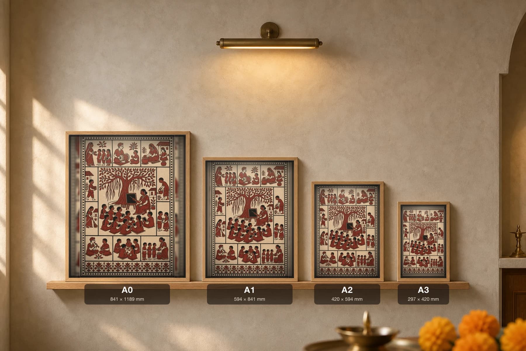 The Village School — Mata ni Pachedi shrine cloth · an open-air class under the banyan, the teacher at her blackboard and children with slates, in madder red on cream cotton — print size guide showing the artwork at A0, A1, A2 and A3 in natural-oak frames at true relative scale