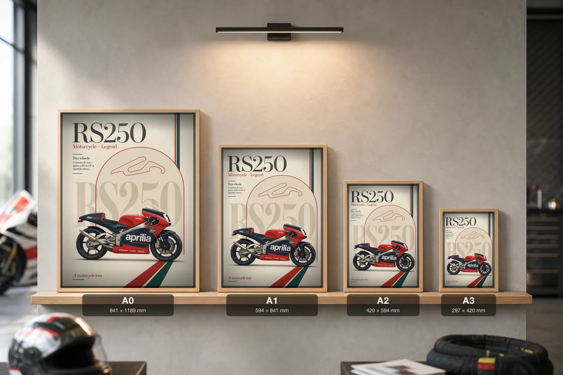 Aprilia RS250 Poster — Heritage MotoGP Legends Motorcycle Wall Art · framed A2 — print size guide showing the artwork at A0, A1, A2 and A3 in natural-oak frames at true relative scale