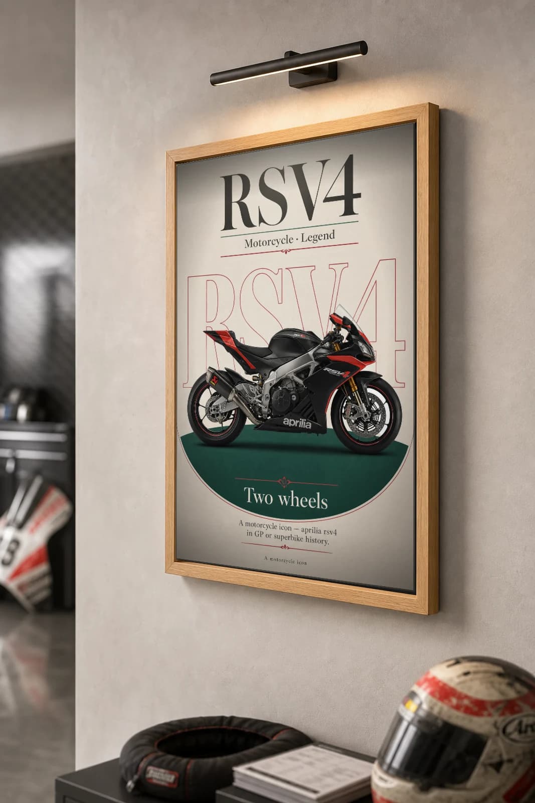 Aprilia RSV4 Poster — Heritage MotoGP Legends Motorcycle Wall Art · framed A2 — the framed print shown at a three-quarter angle on a styled gallery wall in a natural-oak frame