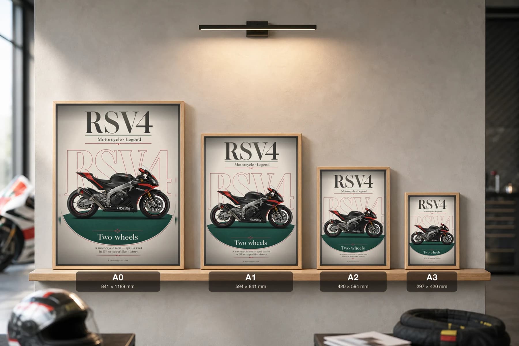 Aprilia RSV4 Poster — Heritage MotoGP Legends Motorcycle Wall Art · framed A2 — print size guide showing the artwork at A0, A1, A2 and A3 in natural-oak frames at true relative scale