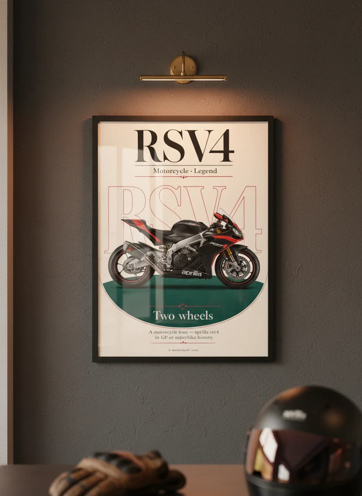 RSV4 MotoGP Legends print in black A2 frame on aprilia-black-red charcoal garage wall — motorcycle lounge mockup