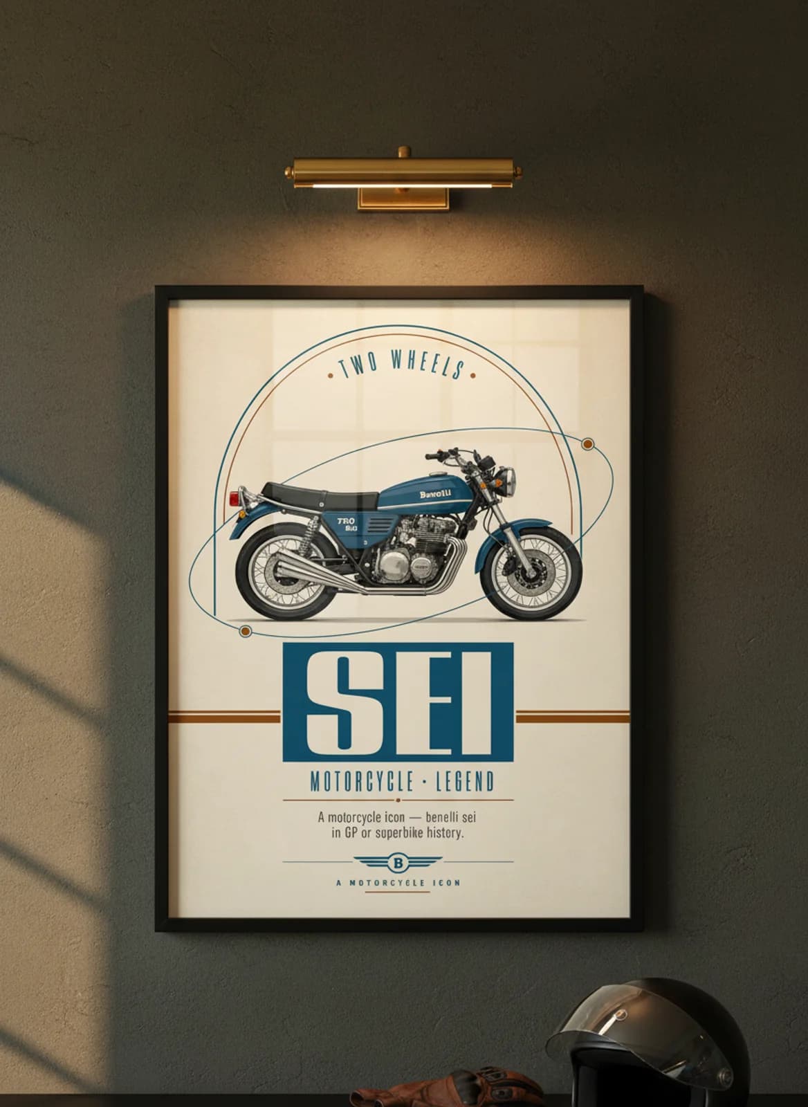 SEI MotoGP Legends print in black A2 frame on benelli-green charcoal garage wall — motorcycle lounge mockup