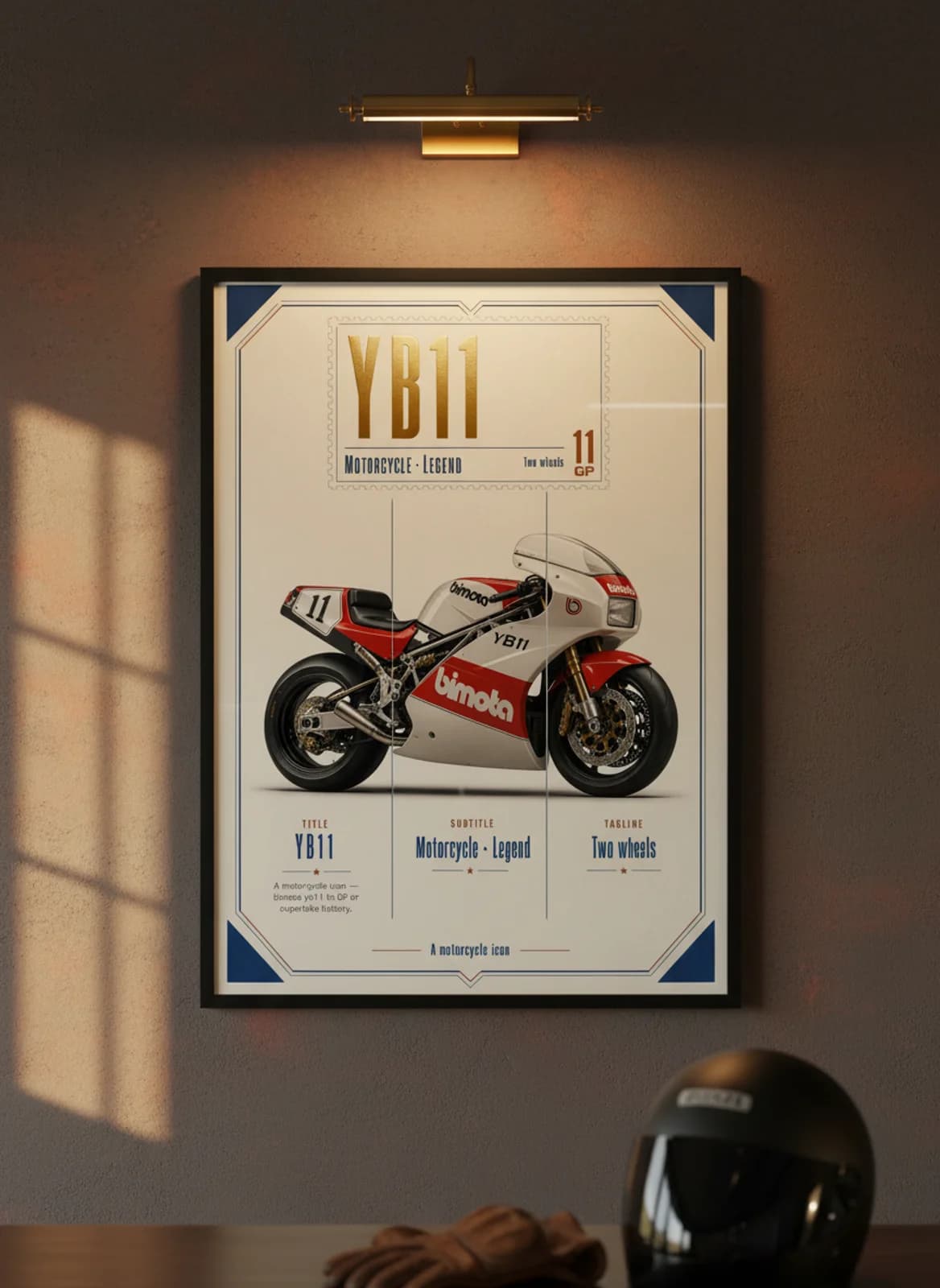 YB11 MotoGP Legends print in black A2 frame on bimota-red-white charcoal garage wall — motorcycle lounge mockup