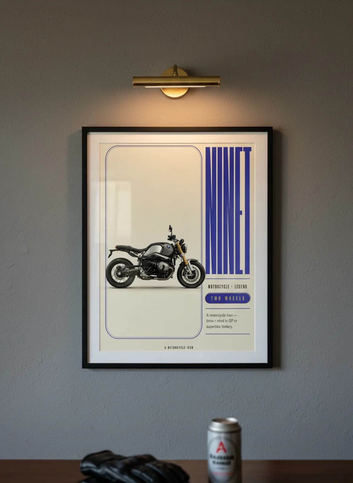NINET MotoGP Legends print in black A2 frame on bmw-blue-white charcoal garage wall — motorcycle lounge mockup
