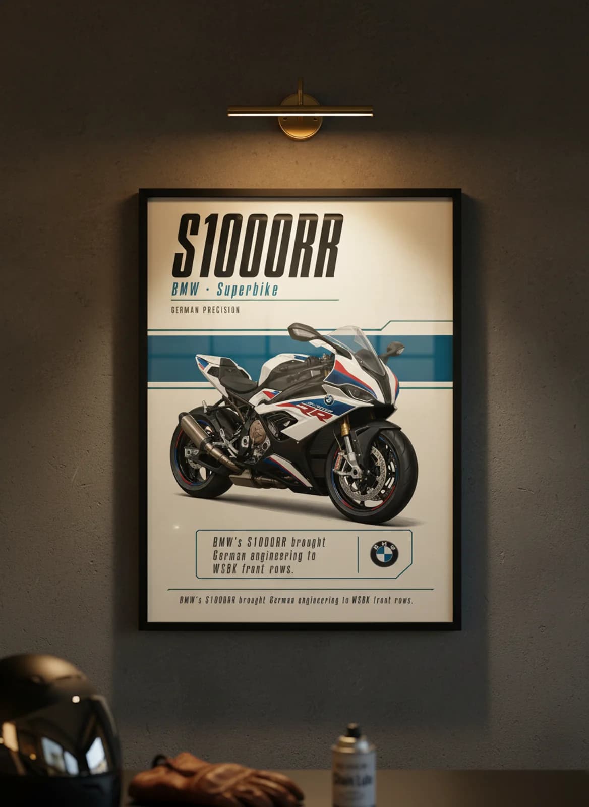 S1000RR MotoGP Legends print in black A2 frame on bmw-blue-white charcoal garage wall — motorcycle lounge mockup