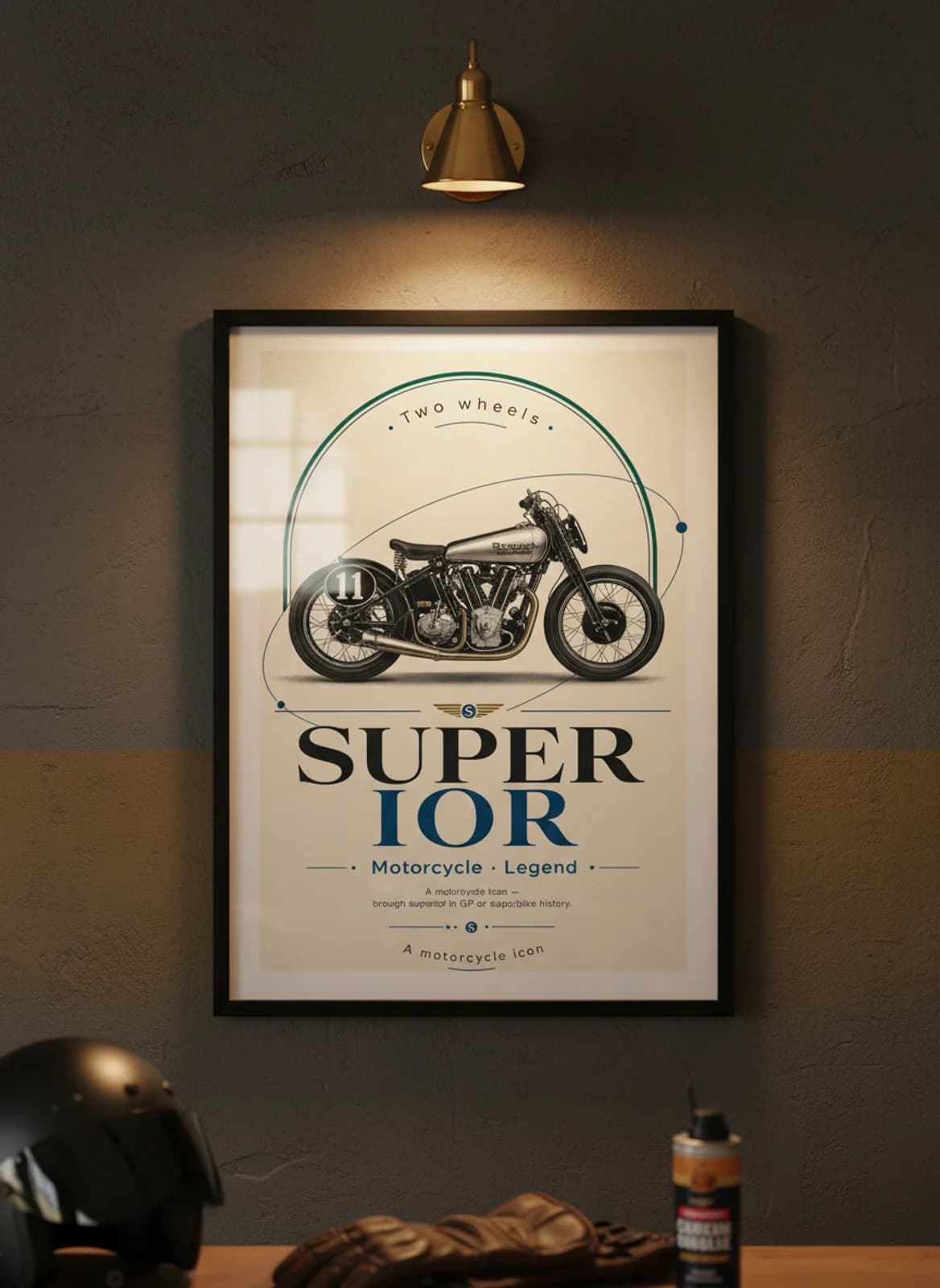 SUPERIOR MotoGP Legends print in black A2 frame on brough-black-gold charcoal garage wall — motorcycle lounge mockup