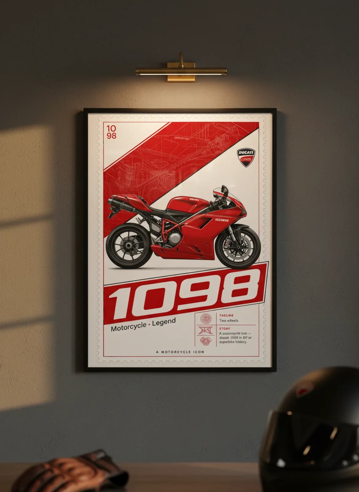 1098 MotoGP Legends print in black A2 frame on ducati-red charcoal garage wall — motorcycle lounge mockup