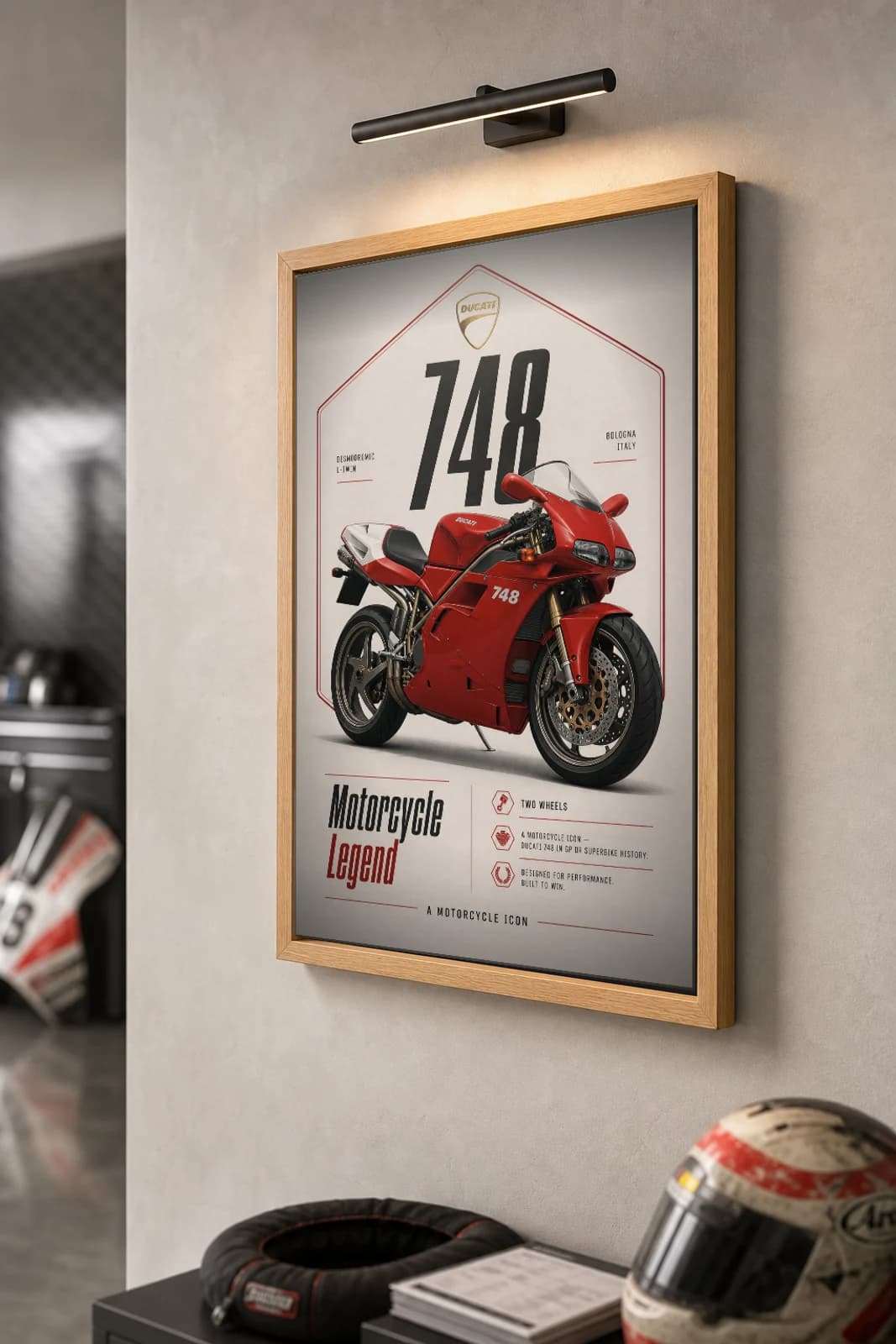 Ducati 748 Poster — Heritage MotoGP Legends Motorcycle Wall Art · framed A2 — the framed print shown at a three-quarter angle on a styled gallery wall in a natural-oak frame