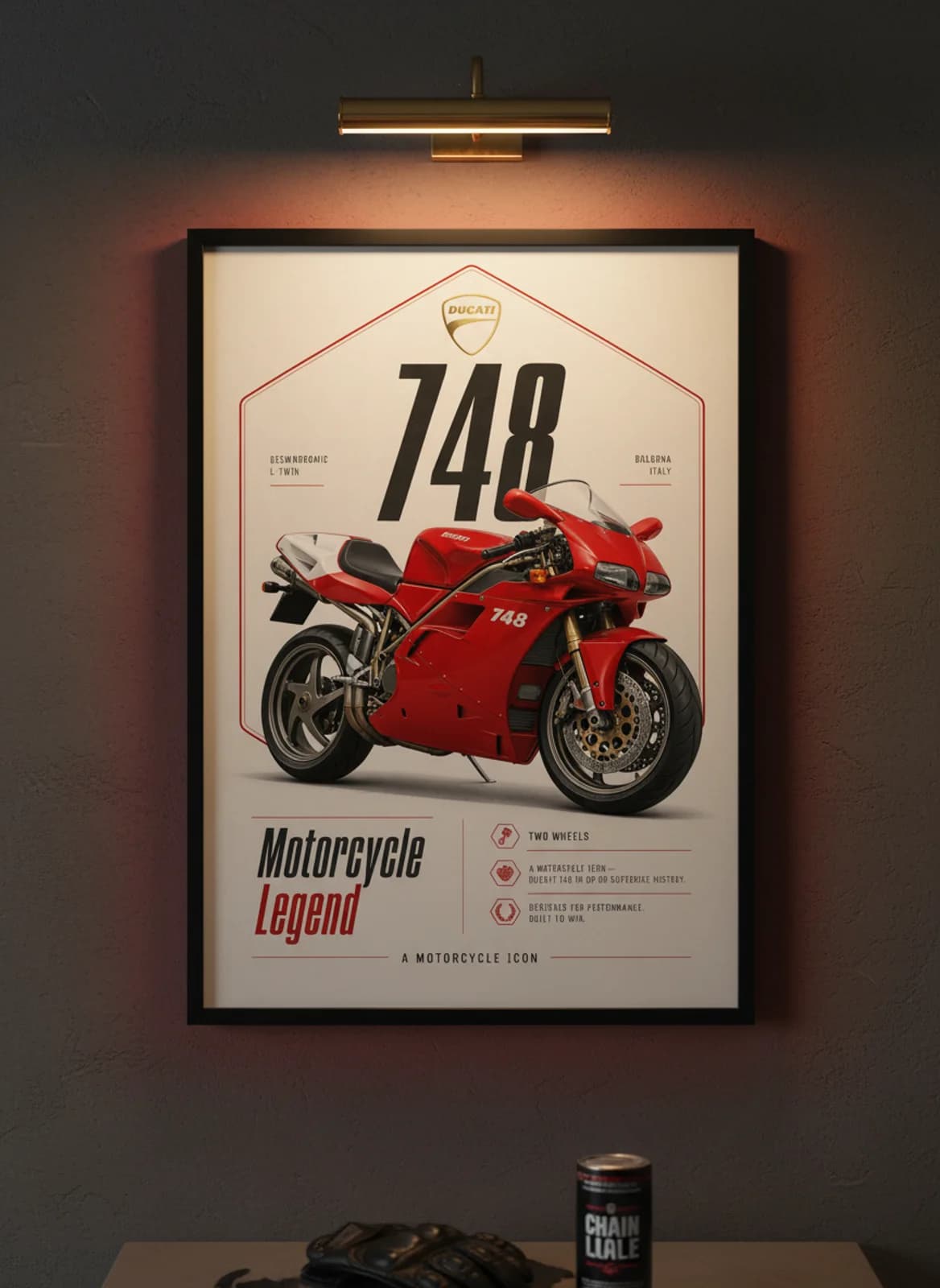 748 MotoGP Legends print in black A2 frame on ducati-red charcoal garage wall — motorcycle lounge mockup