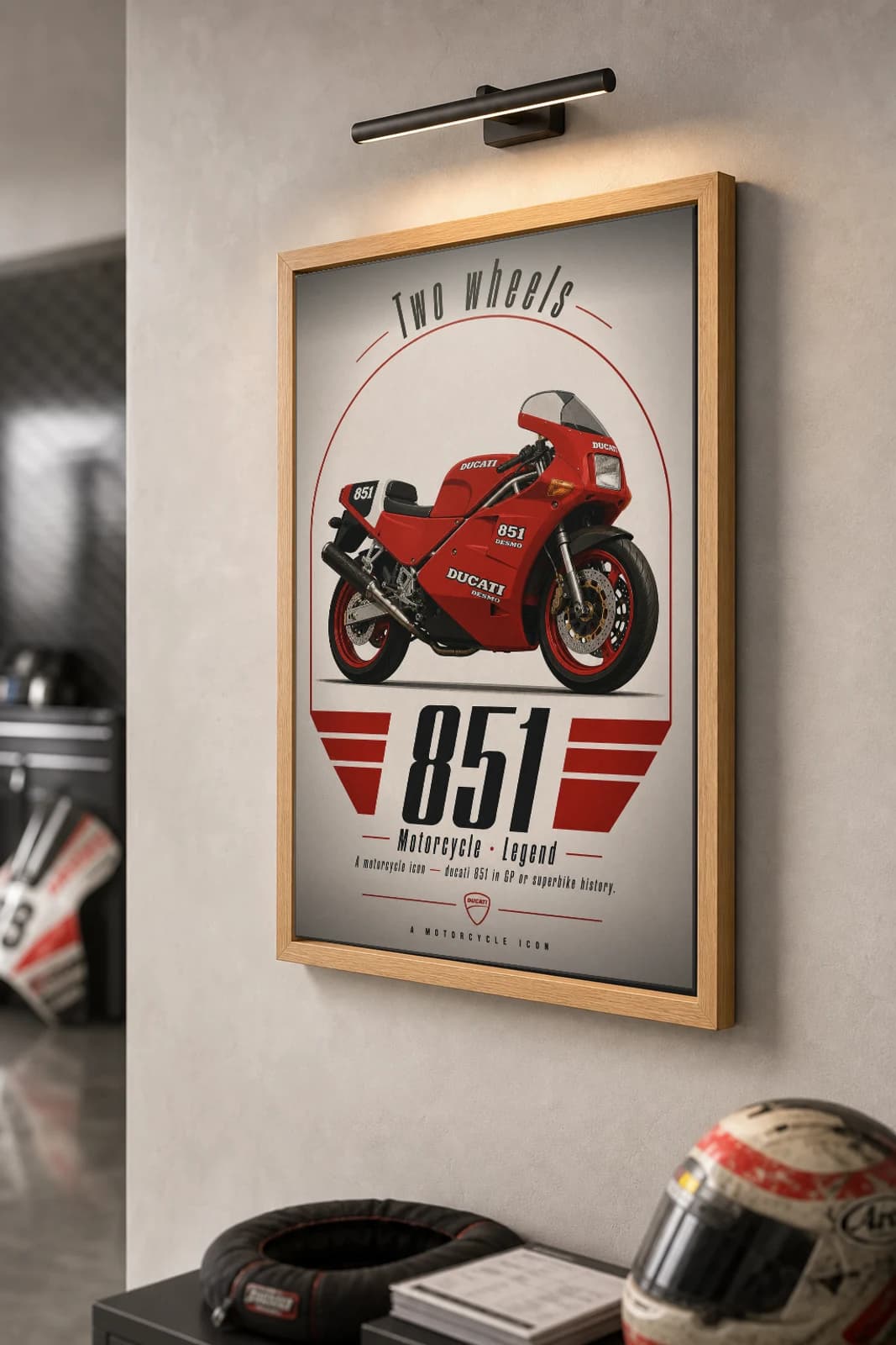 Ducati 851 Poster — Heritage MotoGP Legends Motorcycle Wall Art · framed A2 — the framed print shown at a three-quarter angle on a styled gallery wall in a natural-oak frame