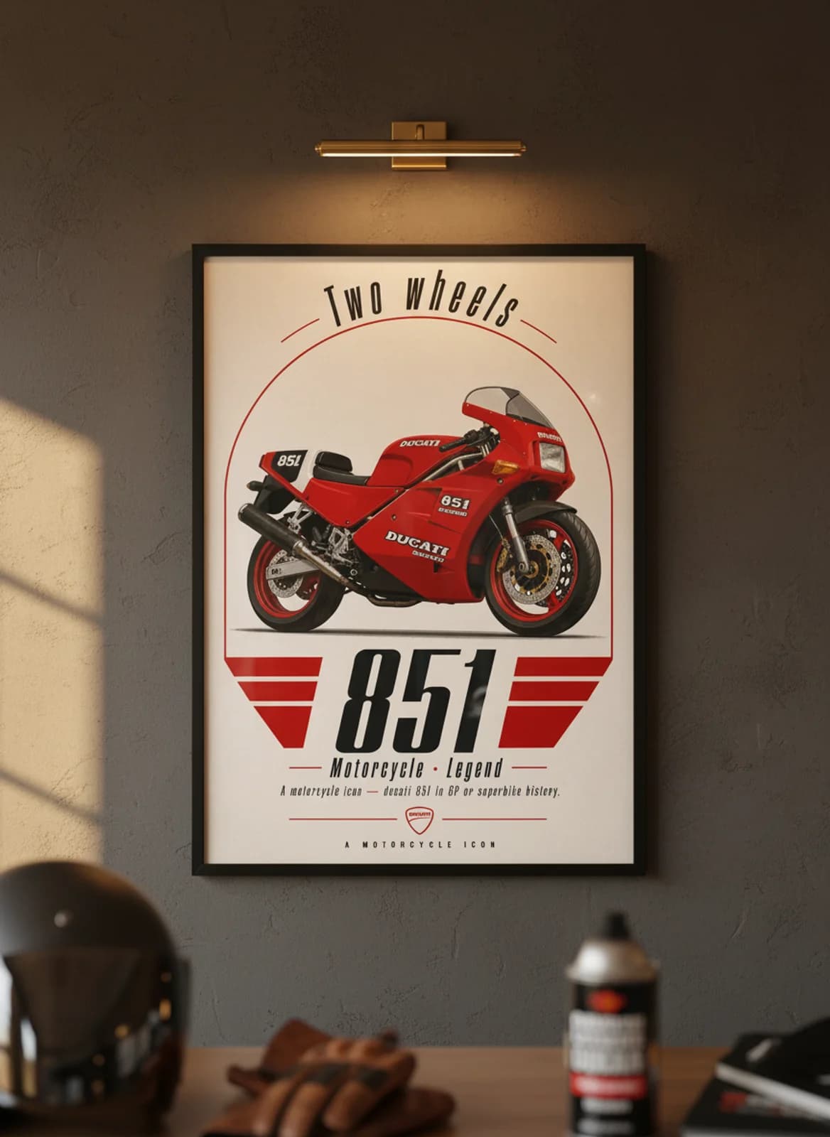 851 MotoGP Legends print in black A2 frame on ducati-red charcoal garage wall — motorcycle lounge mockup