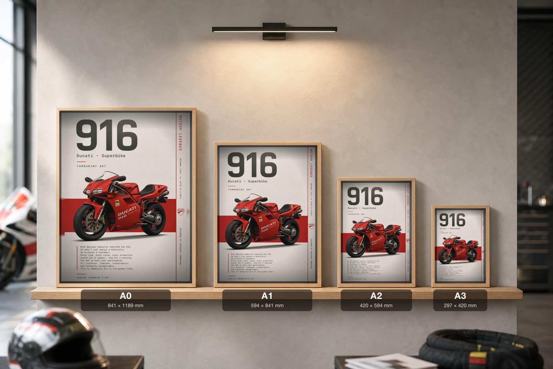 Ducati 916 1994 Poster — 1994 MotoGP Legends Motorcycle Wall Art · framed A2 — print size guide showing the artwork at A0, A1, A2 and A3 in natural-oak frames at true relative scale