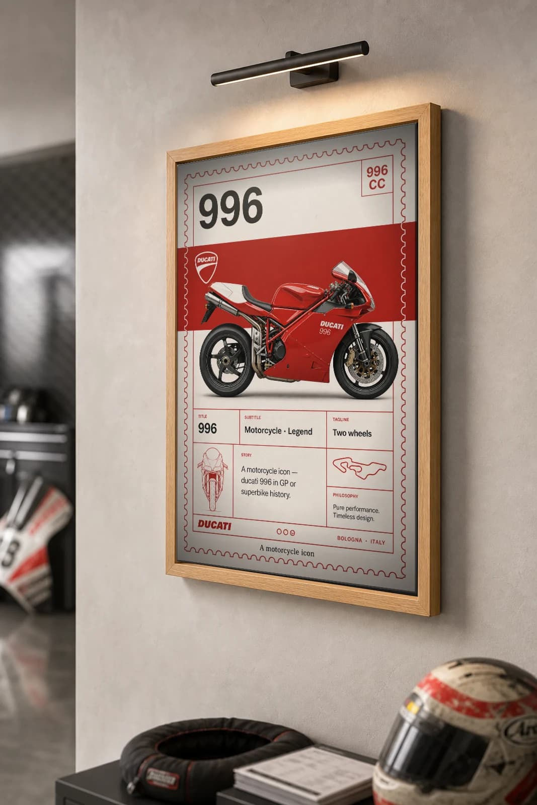 Ducati 996 Poster — Heritage MotoGP Legends Motorcycle Wall Art · framed A2 — the framed print shown at a three-quarter angle on a styled gallery wall in a natural-oak frame