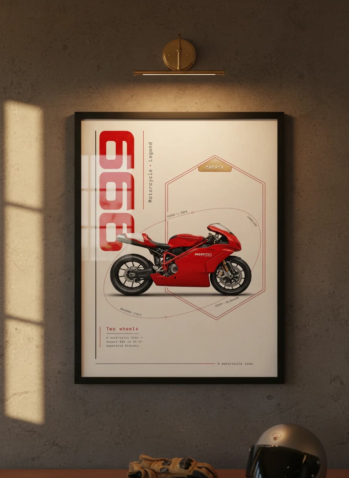 999 MotoGP Legends print in black A2 frame on ducati-red charcoal garage wall — motorcycle lounge mockup