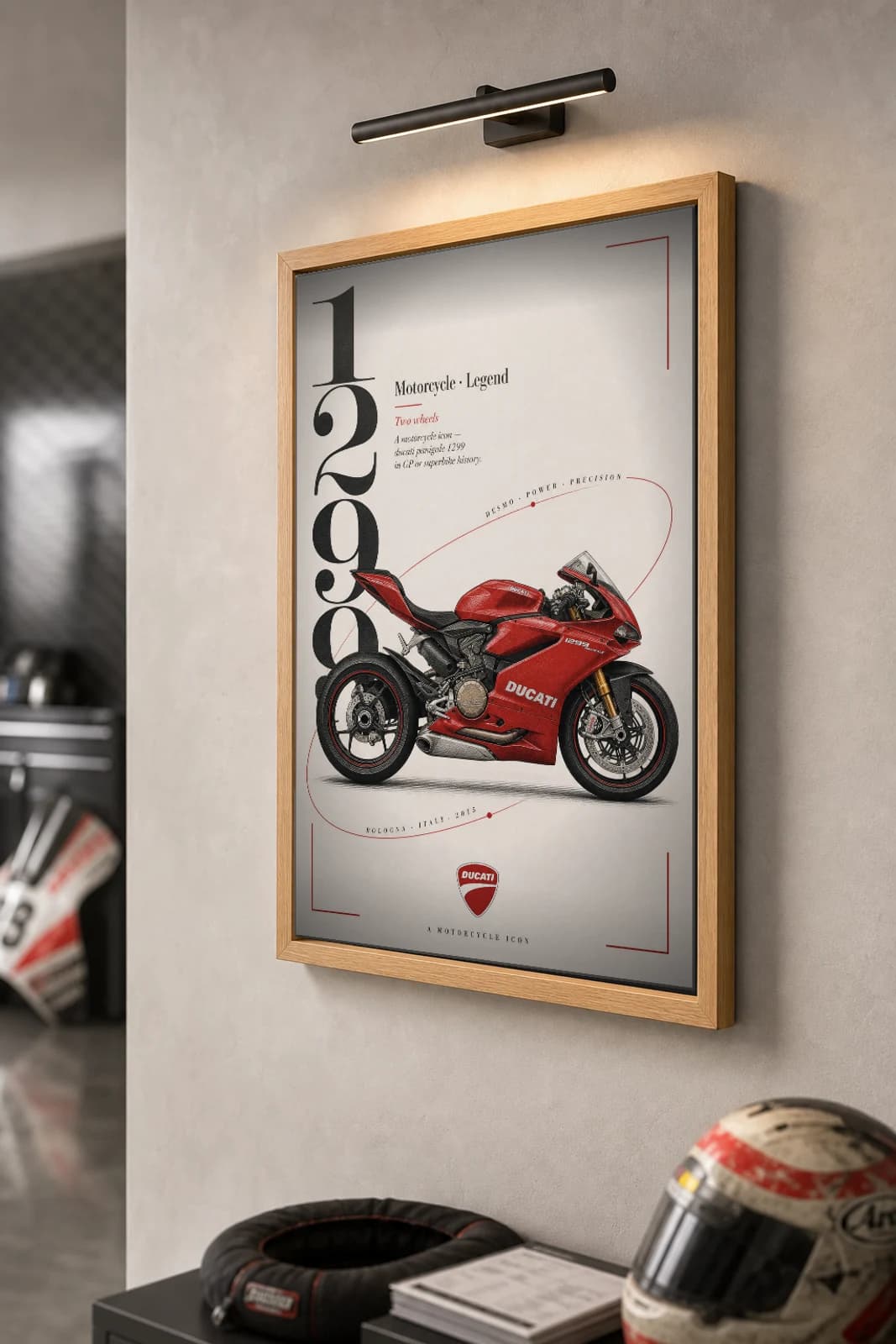 Ducati PANIGALE 1299 Poster — 1299 MotoGP Legends Motorcycle Wall Art · framed A2 — the framed print shown at a three-quarter angle on a styled gallery wall in a natural-oak frame