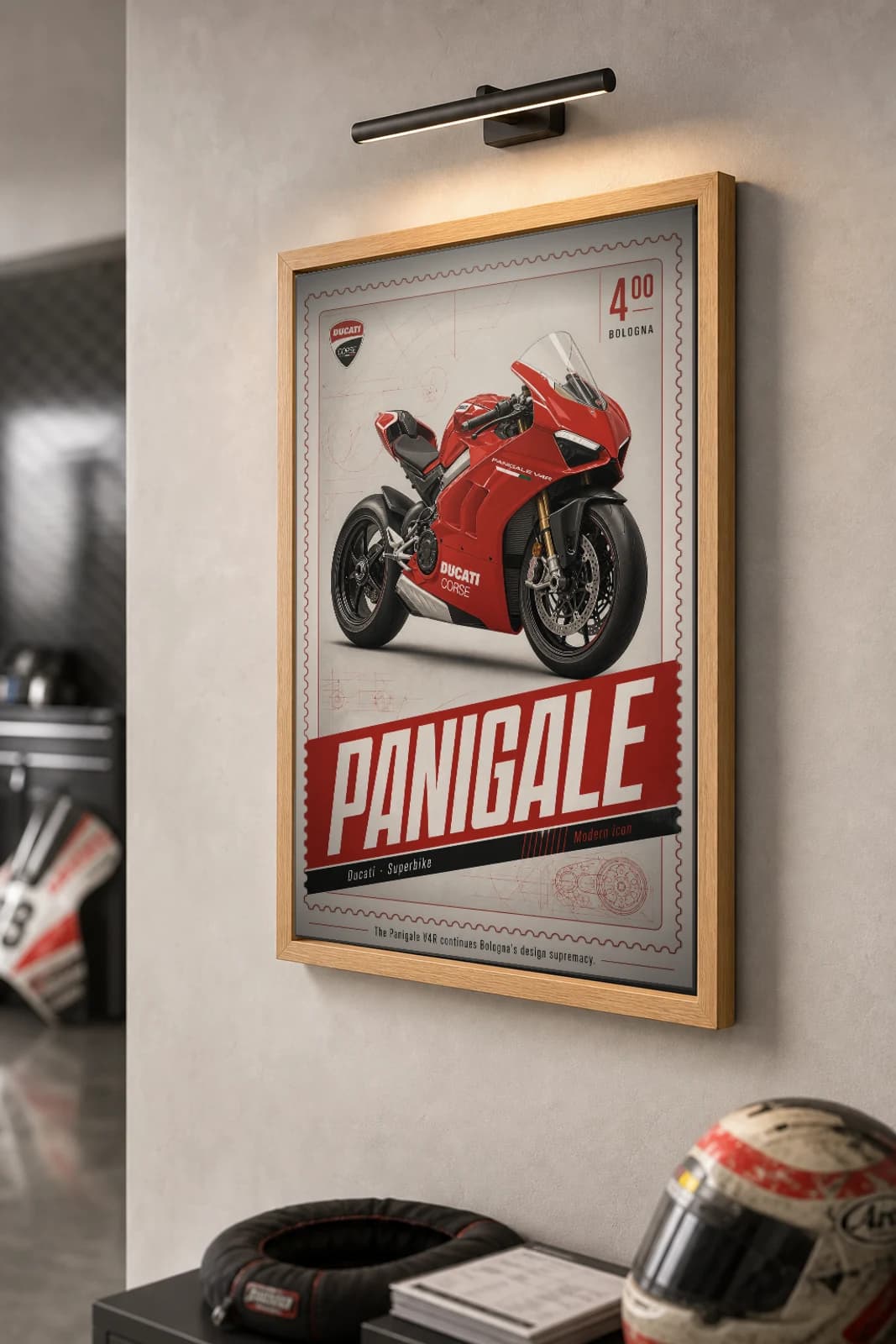 Ducati PANIGALE V4R Poster — Heritage MotoGP Legends Motorcycle Wall Art · framed A2 — the framed print shown at a three-quarter angle on a styled gallery wall in a natural-oak frame