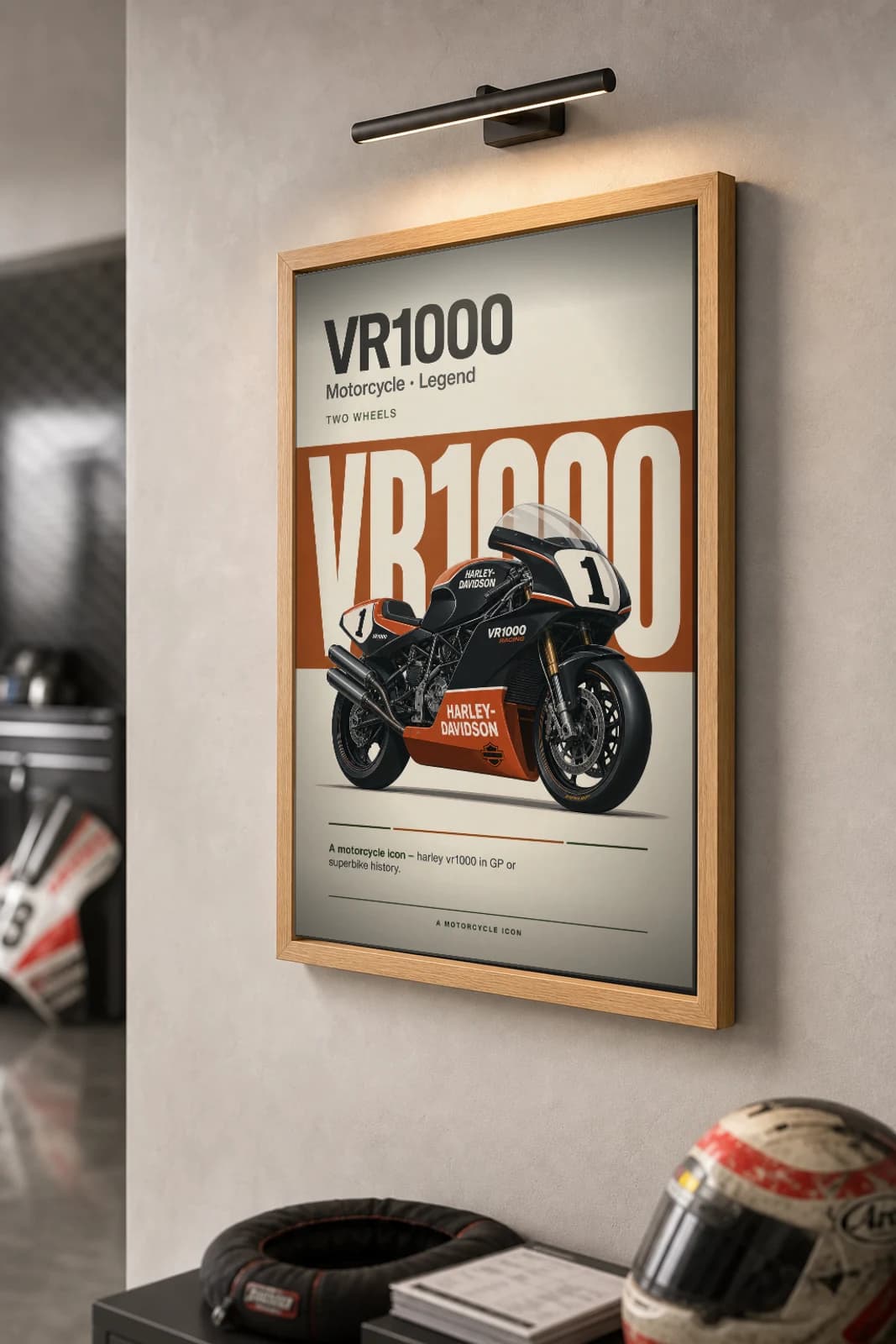 Harley VR1000 Poster — Heritage MotoGP Legends Motorcycle Wall Art · framed A2 — the framed print shown at a three-quarter angle on a styled gallery wall in a natural-oak frame