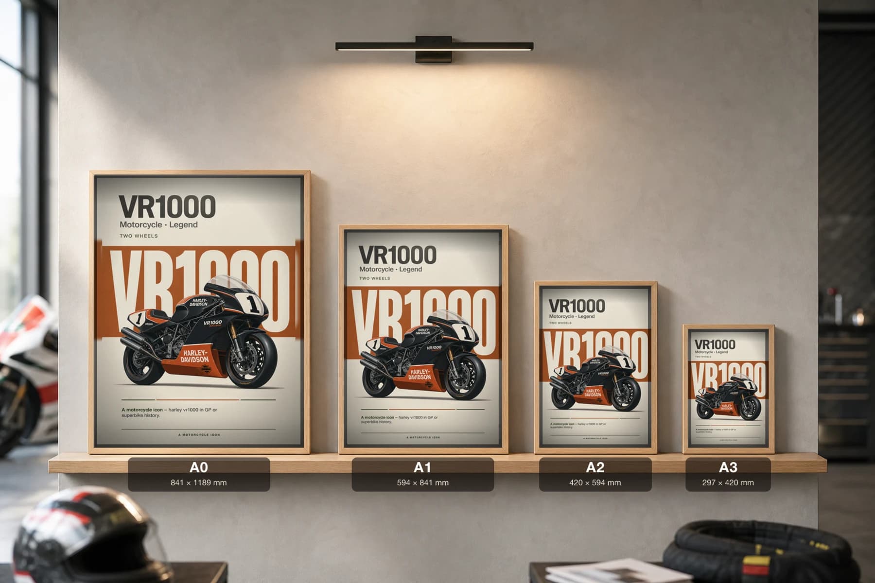 Harley VR1000 Poster — Heritage MotoGP Legends Motorcycle Wall Art · framed A2 — print size guide showing the artwork at A0, A1, A2 and A3 in natural-oak frames at true relative scale