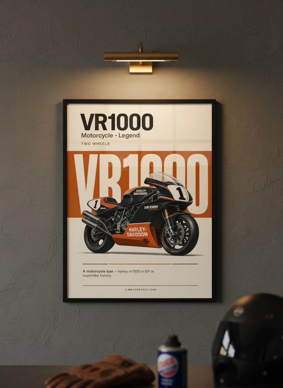 VR1000 MotoGP Legends print in black A2 frame on harley-orange-black charcoal garage wall — motorcycle lounge mockup