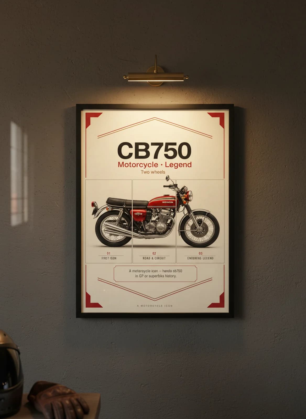 CB750 MotoGP Legends print in black A2 frame on honda-red charcoal garage wall — motorcycle lounge mockup