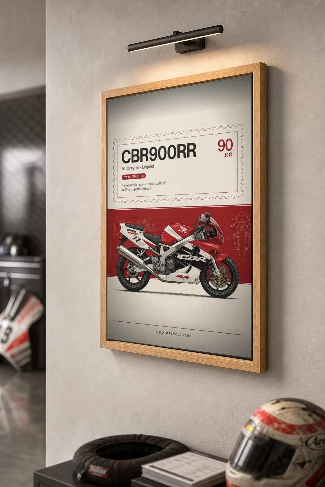 Honda CBR900RR Poster — Heritage MotoGP Legends Motorcycle Wall Art · framed A2 — the framed print shown at a three-quarter angle on a styled gallery wall in a natural-oak frame