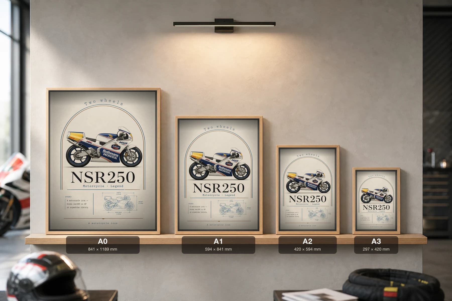Honda NSR250 Poster — Heritage MotoGP Legends Motorcycle Wall Art · framed A2 — print size guide showing the artwork at A0, A1, A2 and A3 in natural-oak frames at true relative scale