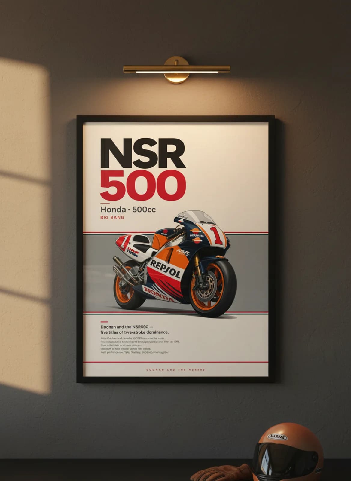 NSR500 MotoGP Legends print in black A2 frame on honda-red charcoal garage wall — motorcycle lounge mockup