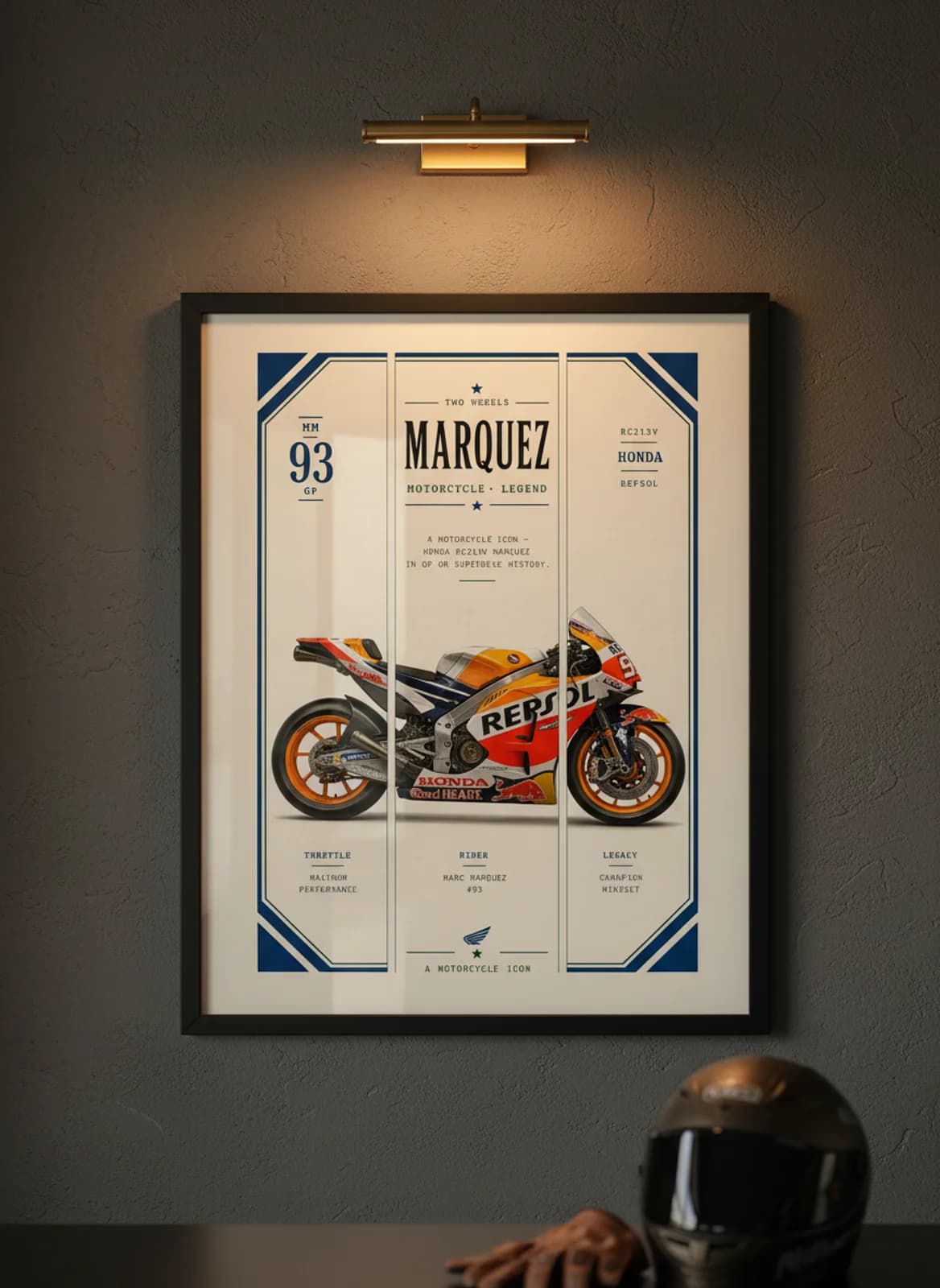 RC213V MotoGP Legends print in black A2 frame on honda-red charcoal garage wall — motorcycle lounge mockup