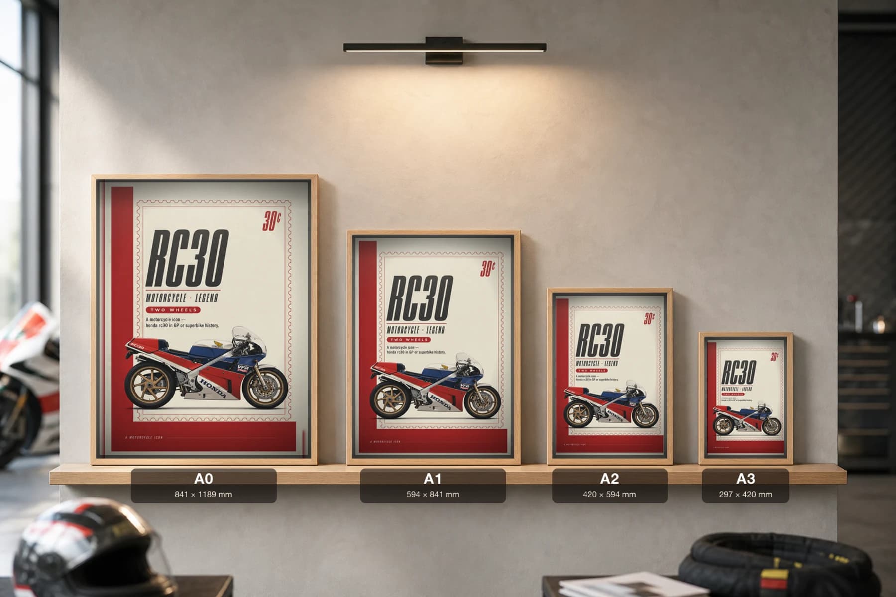 Honda RC30 Poster — Heritage MotoGP Legends Motorcycle Wall Art · framed A2 — print size guide showing the artwork at A0, A1, A2 and A3 in natural-oak frames at true relative scale