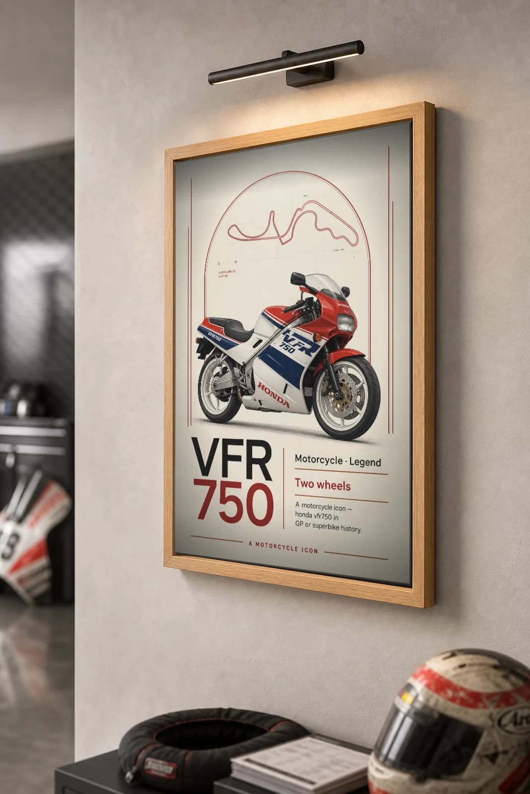 Honda VFR750 Poster — Heritage MotoGP Legends Motorcycle Wall Art · framed A2 — the framed print shown at a three-quarter angle on a styled gallery wall in a natural-oak frame