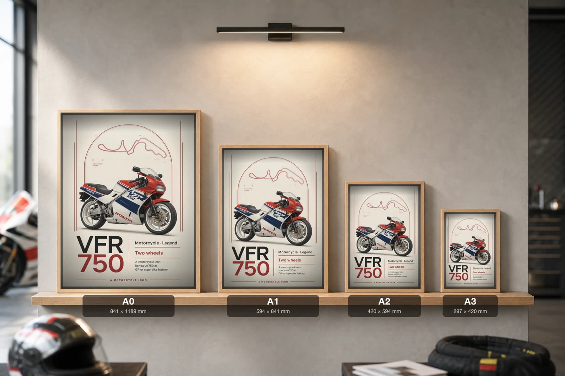 Honda VFR750 Poster — Heritage MotoGP Legends Motorcycle Wall Art · framed A2 — print size guide showing the artwork at A0, A1, A2 and A3 in natural-oak frames at true relative scale
