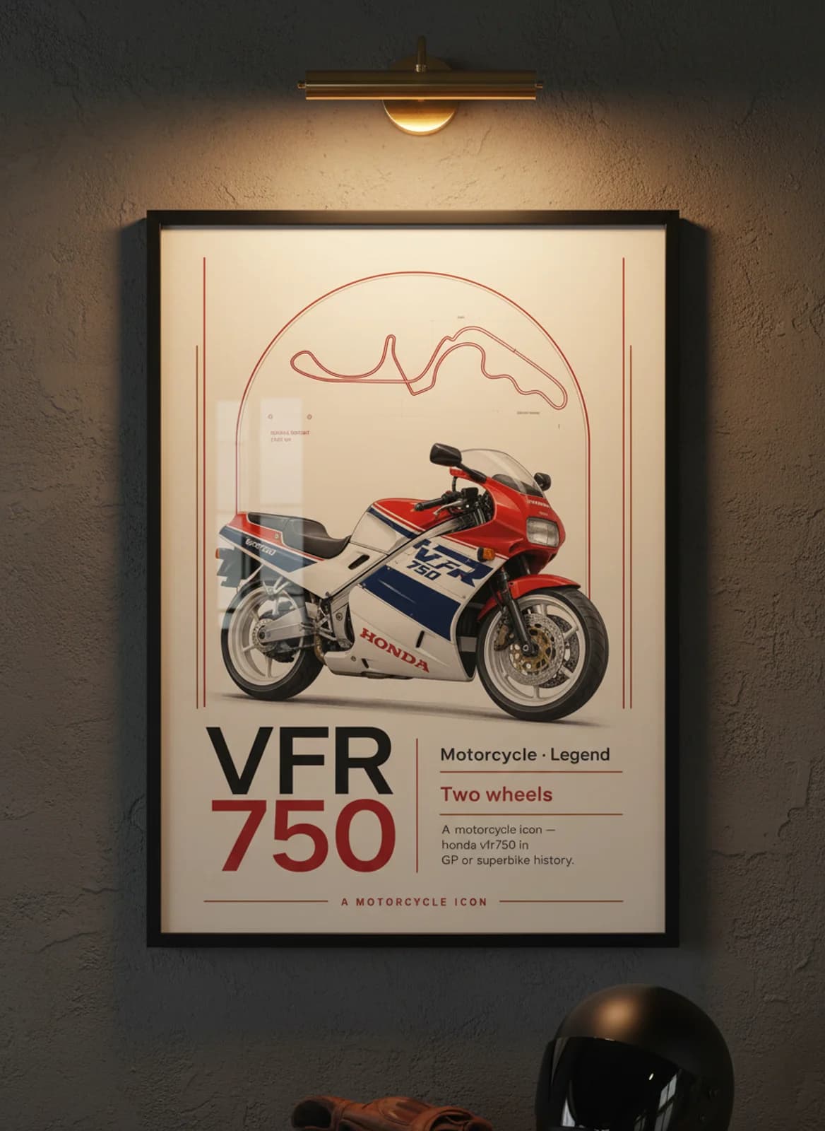 VFR750 MotoGP Legends print in black A2 frame on honda-red charcoal garage wall — motorcycle lounge mockup