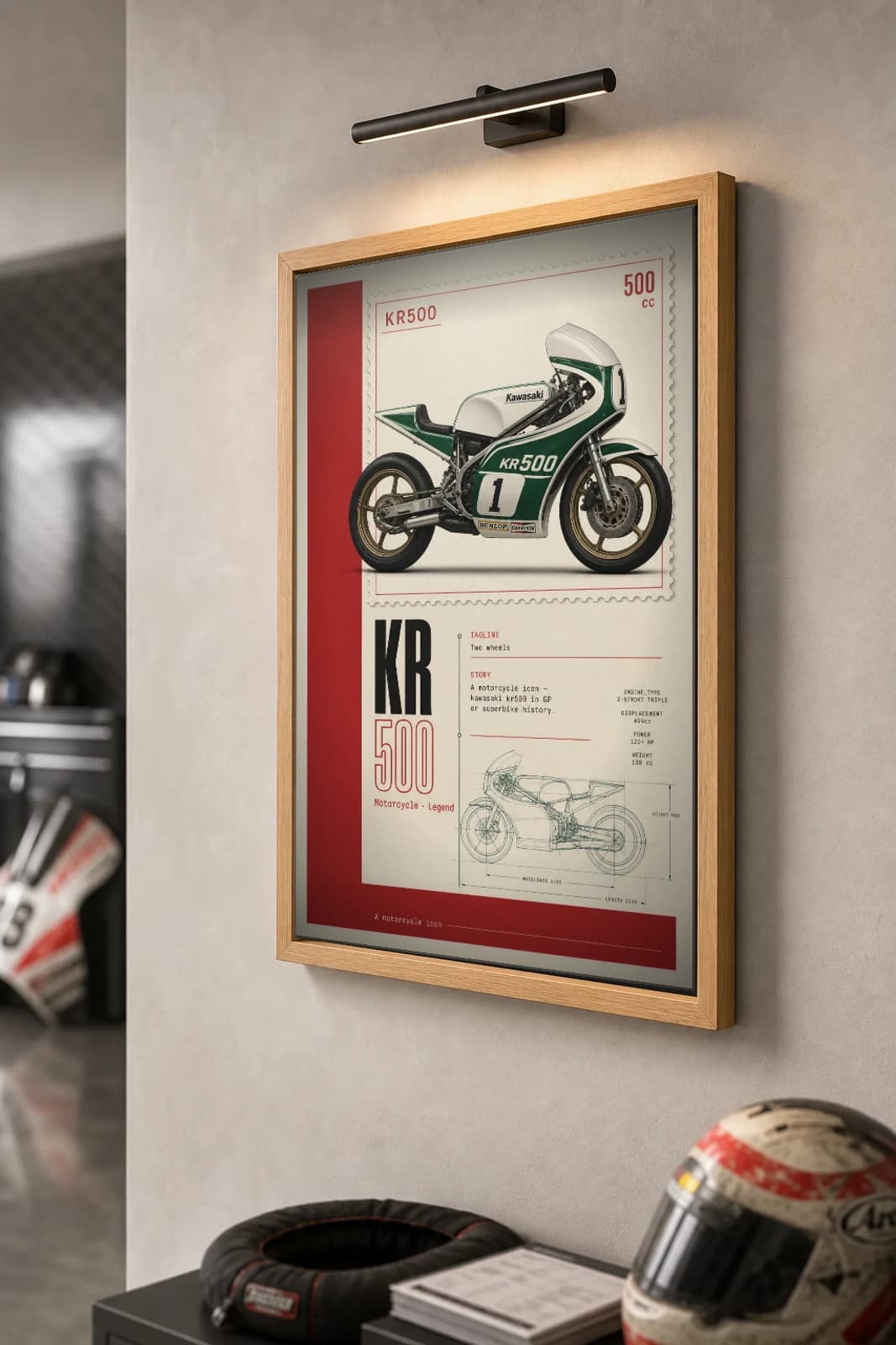 Kawasaki KR500 Poster — Heritage MotoGP Legends Motorcycle Wall Art · framed A2 — the framed print shown at a three-quarter angle on a styled gallery wall in a natural-oak frame