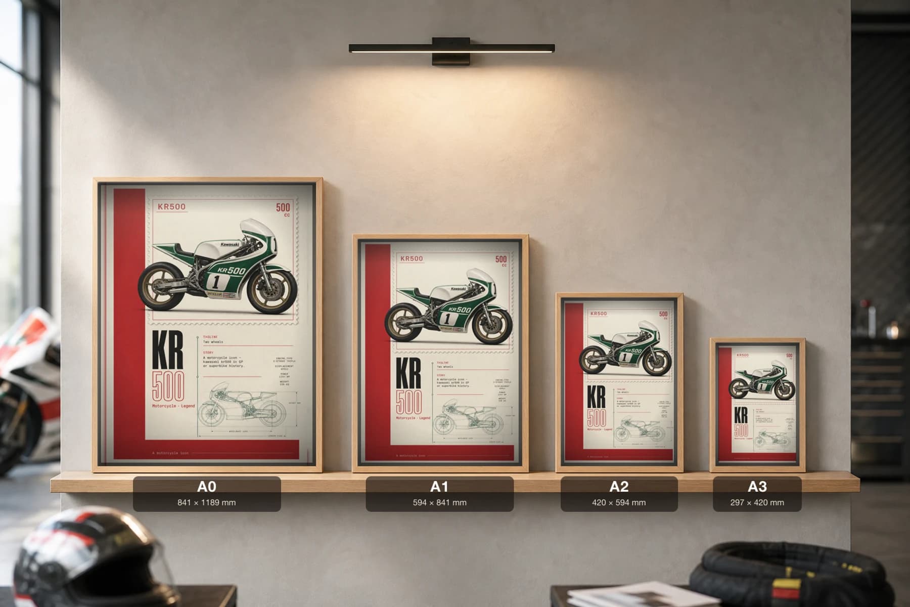 Kawasaki KR500 Poster — Heritage MotoGP Legends Motorcycle Wall Art · framed A2 — print size guide showing the artwork at A0, A1, A2 and A3 in natural-oak frames at true relative scale