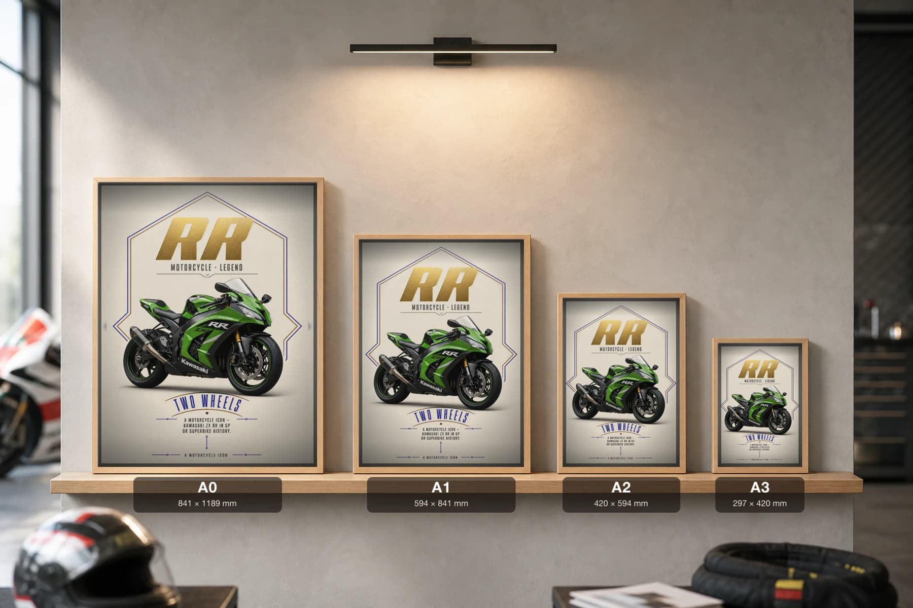Kawasaki ZX RR Poster — Heritage MotoGP Legends Motorcycle Wall Art · framed A2 — print size guide showing the artwork at A0, A1, A2 and A3 in natural-oak frames at true relative scale