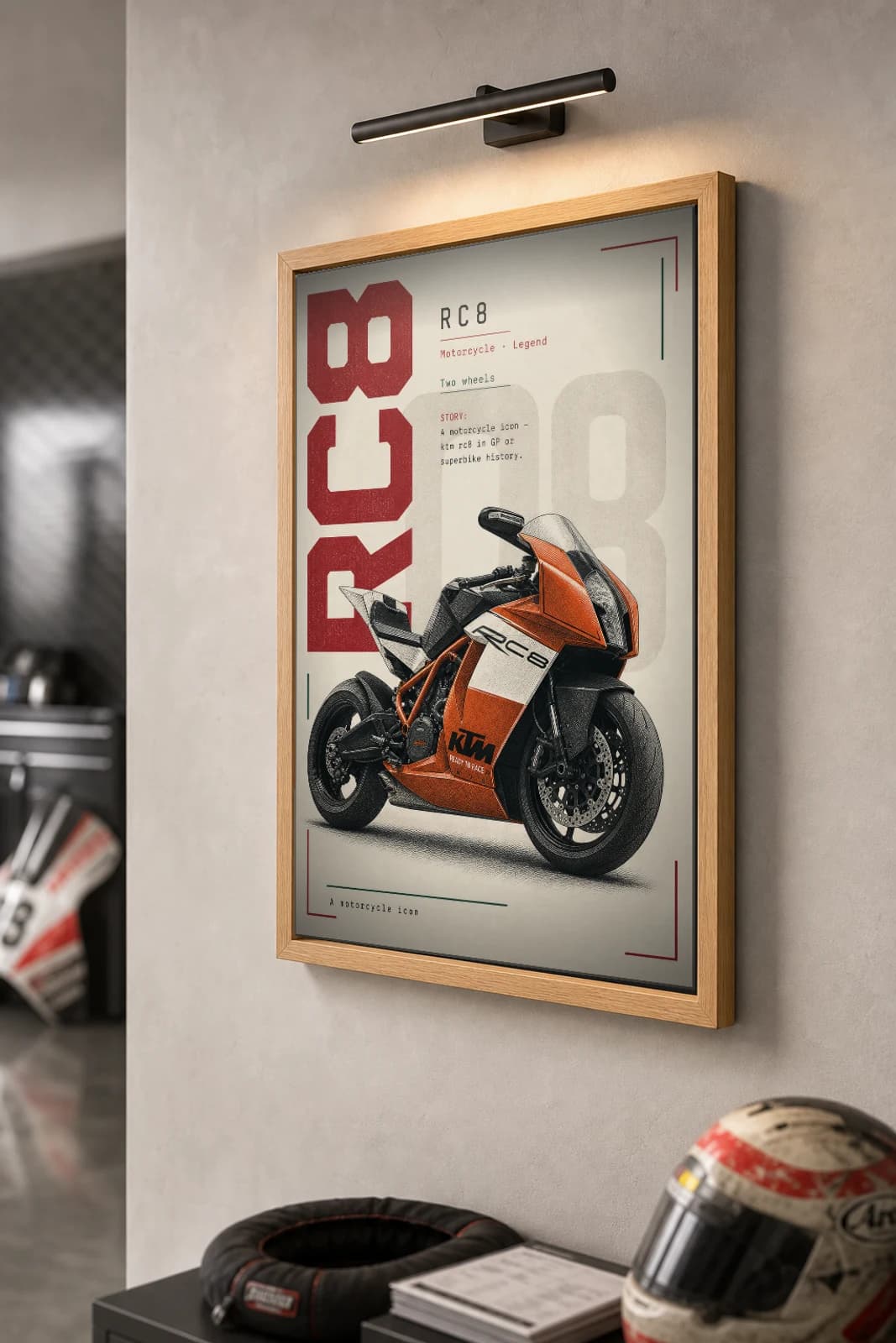 Ktm RC8 Poster — Heritage MotoGP Legends Motorcycle Wall Art · framed A2 — the framed print shown at a three-quarter angle on a styled gallery wall in a natural-oak frame