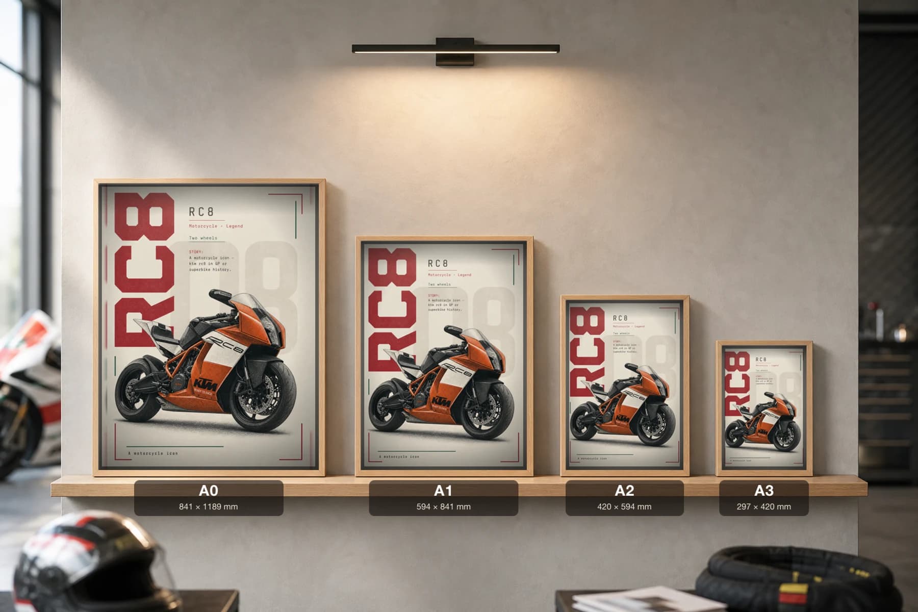 Ktm RC8 Poster — Heritage MotoGP Legends Motorcycle Wall Art · framed A2 — print size guide showing the artwork at A0, A1, A2 and A3 in natural-oak frames at true relative scale