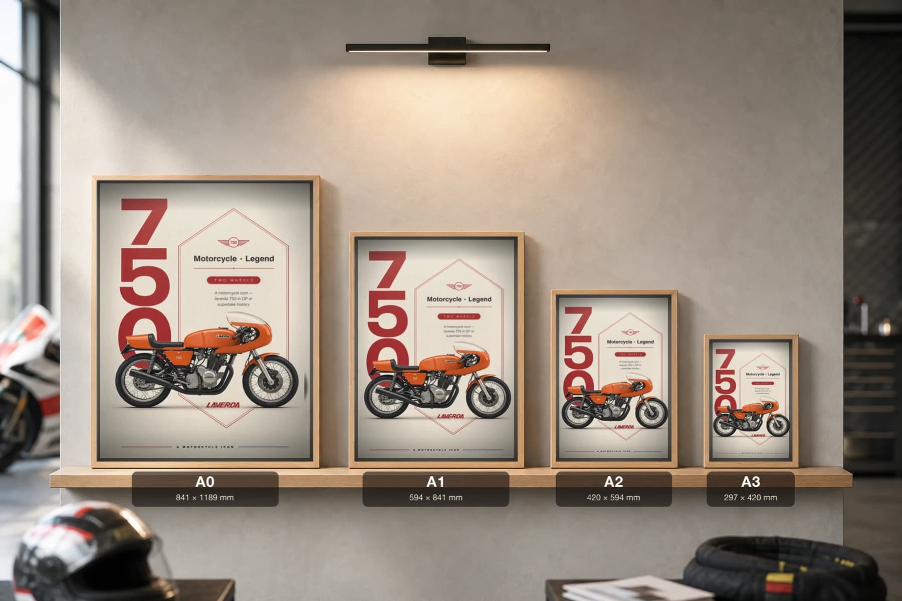 Laverda 750 Poster — Heritage MotoGP Legends Motorcycle Wall Art · framed A2 — print size guide showing the artwork at A0, A1, A2 and A3 in natural-oak frames at true relative scale