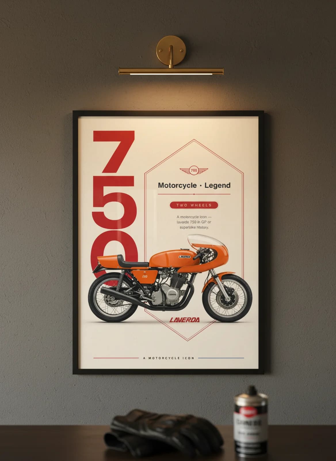 750 MotoGP Legends print in black A2 frame on laverda-orange charcoal garage wall — motorcycle lounge mockup
