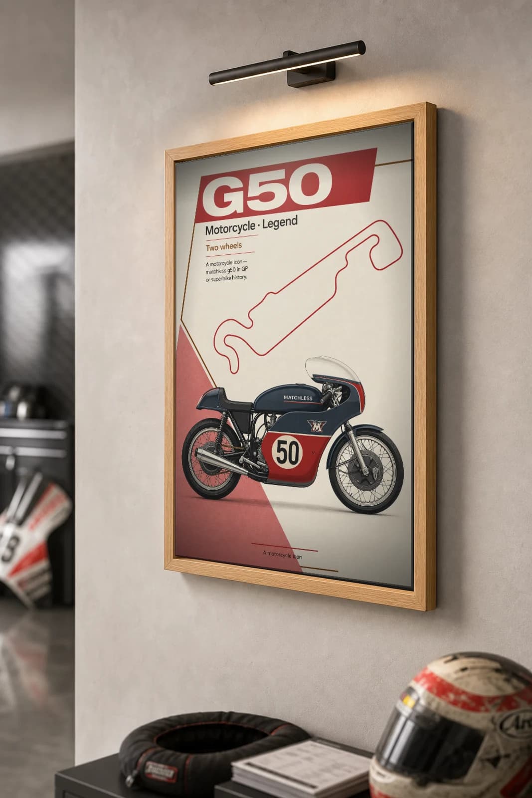 Matchless G50 Poster — Heritage MotoGP Legends Motorcycle Wall Art · framed A2 — the framed print shown at a three-quarter angle on a styled gallery wall in a natural-oak frame