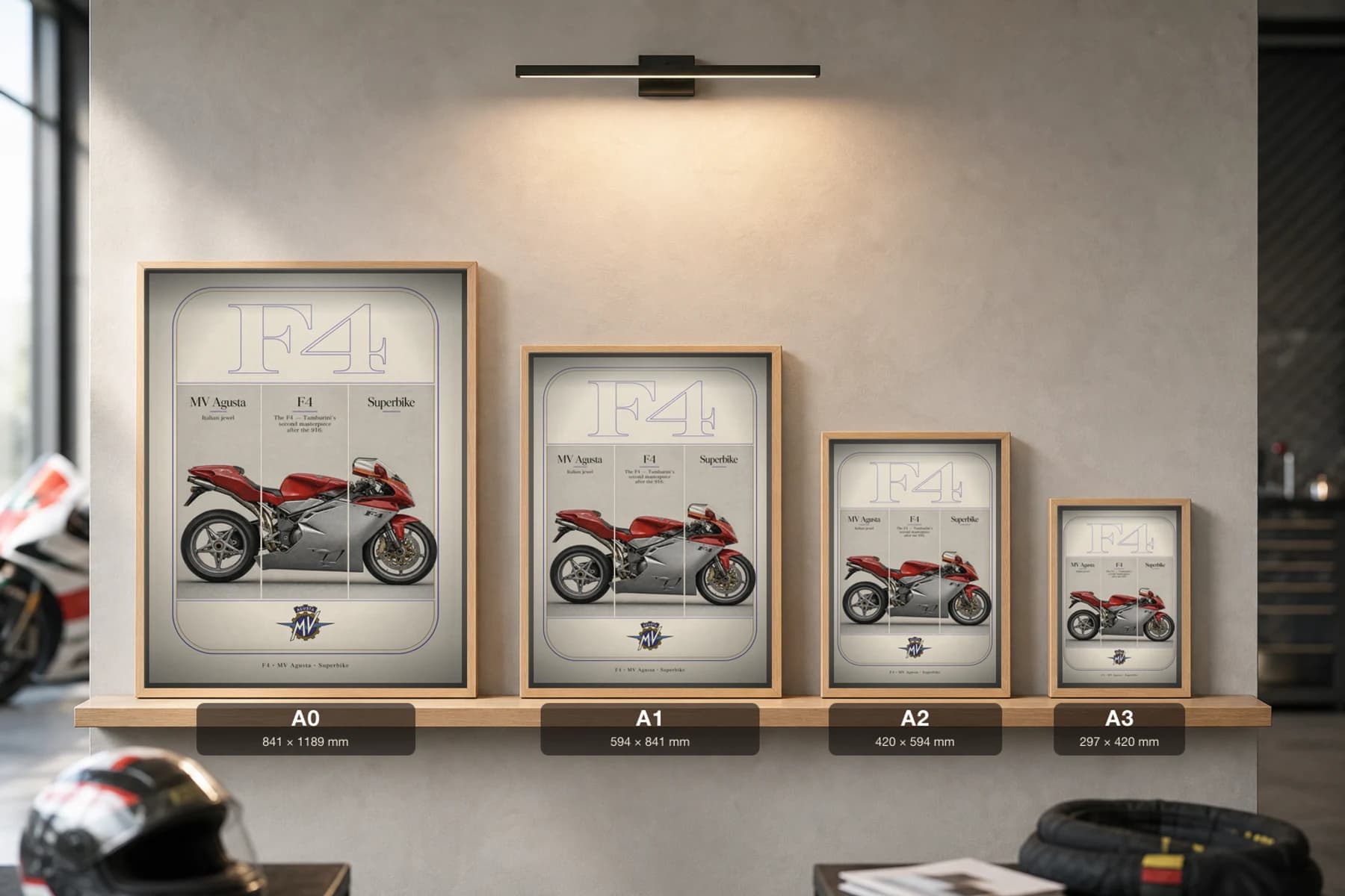 MV Agusta AGUSTA F4 Poster — Heritage MotoGP Legends Motorcycle Wall Art · framed A2 — print size guide showing the artwork at A0, A1, A2 and A3 in natural-oak frames at true relative scale